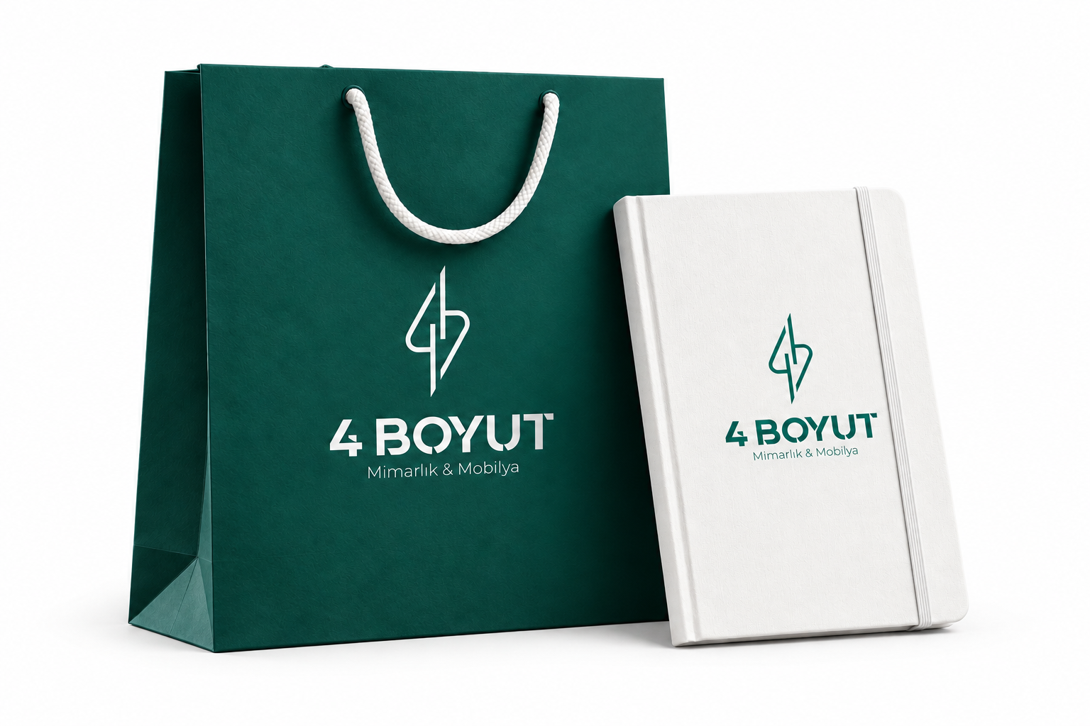 4 Boyut yeşil çanta ve beyaz ajanda stüdyo sunumu