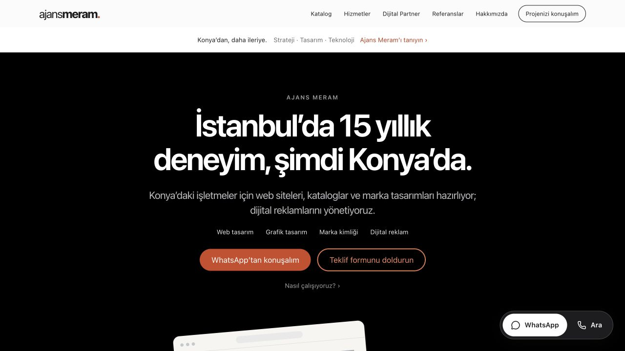 Ajans Meram web sitesinin masaüstü ana sayfa tasarımı