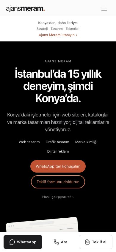 Ajans Meram web sitesinin telefona uyarlanan ana sayfa tasarımı