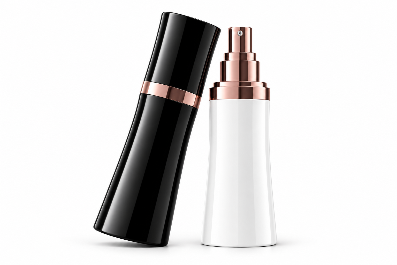 Roseaura için tasarlanan siyah ve beyaz airless şişelerin rose gold detaylı stüdyo sunumu